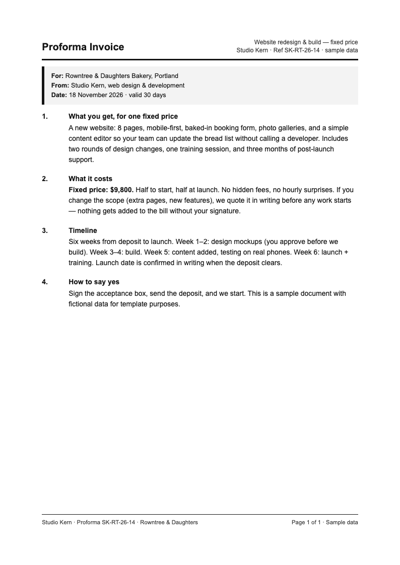 Legal contract plain language proforma invoice